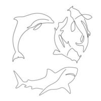 set of sea animal fish dolphin, shark, koi line art , hand drawn for logo design. vector