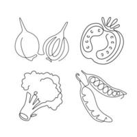 conjunto de arte de línea vegetal, línea continua. para el diseño de logotipos. cebolla, tomate, brócoli, guisante vector