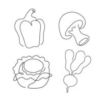 conjunto de arte de línea vegetal, línea continua. para el diseño de logotipos. pimiento, champiñón, repollo, rábano vector