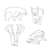 set of animal and wild life line art , continuous line. for logo design. bear, elephant, fox, aligator, crocodile vector