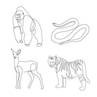 set of animal and wild life line art , continuous line. for logo design. monkey, snake, reindeer, tiger vector