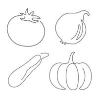 conjunto de arte de línea vegetal y concepto de línea continua. tomate, cebolla, pepino, calabaza vector