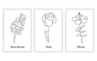 Set of flowers on white background. One line drawing style. elegant flower for printable design logo. peony, cherry blossom, hibiscus flower. vector