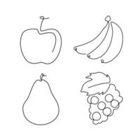 conjunto de arte de línea de frutas y concepto de línea continua. manzana, plátano, pera, uva vector