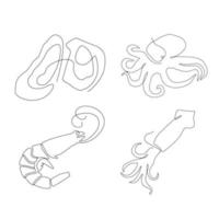 conjunto de marisco y arte de línea de vida marina, línea continua. para el diseño de logotipos. ostra, pulpo, gamba, calamar vector