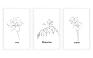 set of flower and botanical line art, continuous line. for logo design. lotus, bleeding heart, daffodil vector