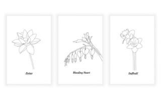 set of flower and botanical line art, continuous line. for logo design. lotus, bleeding heart, daffodil vector