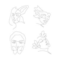 Women's faces in one line art style with flower. continuous line concept. vector