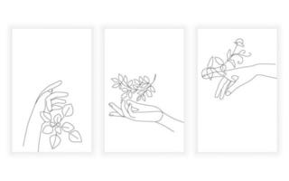 un dibujo de arte de línea mano femenina y hojas dibujo de arte de línea continua mínimo abstracto. vector