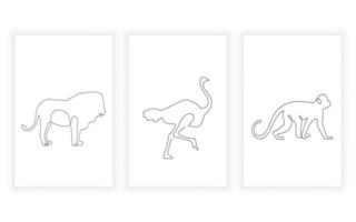 One Line art Drawing wild life and animal Continuous Line Art Drawing abstract minimal. lion, ostrich, monkey vector