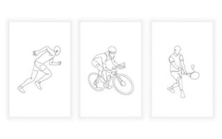 conjunto de arte de línea deportiva y de atleta y concepto minimalista de línea continua. tenis correr y andar en bicicleta vector