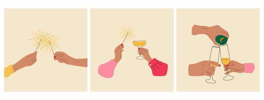 conjunto de tres celebración del año nuevo. las manos sostienen champán y bengalas vector