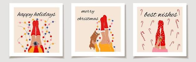 Christmas vector gift card or tag Christmas Set of three  Top view of female legs in Christmas socks. merry christmas lettering, best wishes.