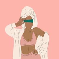 Beautiful woman in bathrobe and turban with cream . Lady having beauty day on weekend. Spa, relaxation concept. Hand drawn Vector illustration. Cartoon style