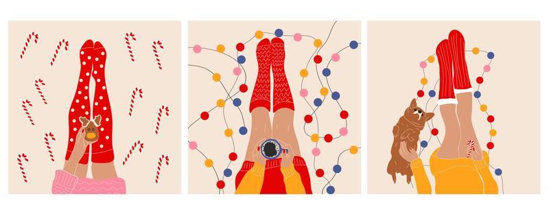 Set of three Top view of female legs in Christmas socks, with a garland, a cup of coffee,  Christmas cookies and Christmas candy, and with corgi dog
