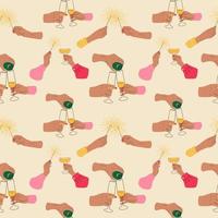 Seamless pattern with Hands hold champagne and sparklers. Celebration of the new year. vector
