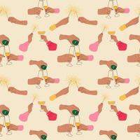 Seamless pattern with Hands hold champagne and sparklers. Celebration of the new year. vector