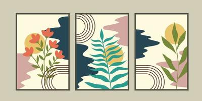 fondo de estilo terrazo abstracto con formas y líneas geométricas dibujadas a mano en color pastel y siluetas de hojas tropicales. impresión para decoración, arte de pared, interior, papeles pintados, cubiertas, carteles vector