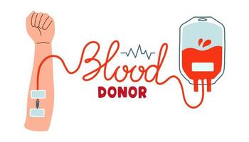 donante de sangre, bolsa de sangre y mano. ilustraciones vectoriales dibujadas a mano. donar sangre, vector de concepto de atención médica
