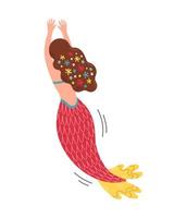 Brown hair mermaid with red yellow tail, swimming mermaid, view from the back.. Cute Mermaid, for t shirts or kids fashion artworks, children books. Vector illustration