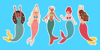 Set of beautiful mermaids, different ethnicity, swimming mermaid. Cute Mermaid vector, for t shirts or children books. vector