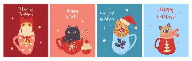 Set of Christmas cards with cute cats in mugs.Vector graphics. vector