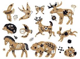 Set of stylized animals with floral ornaments isolated on white background.Vector graphics. vector