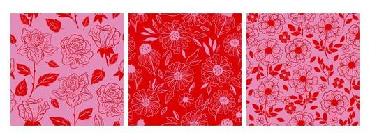 Set of seamless patterns with flowers in pink and red colors.Vector graphics. vector