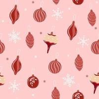 Seamless pattern with Christmas tree decorations in pink and red colors and with snowflakes.Vector graphics. vector