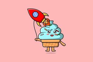 lindo helado de dibujos animados flotando con cohete vector