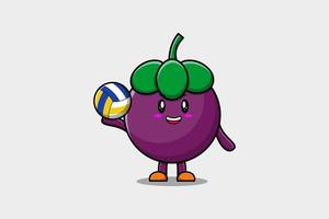 lindo personaje de mangostán de dibujos animados jugar voleibol vector