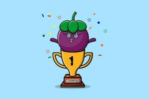 Cute cartoon Mangosteen character in trophy vector