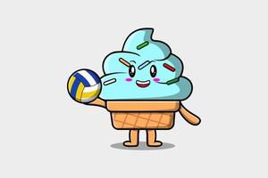 lindo personaje de helado de dibujos animados jugar voleibol vector