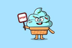 Lindo helado de mascota de dibujos animados con tablero de señal de stop vector