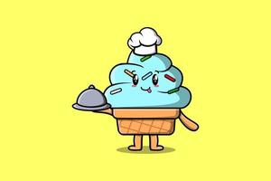 Cute Cartoon chef Ice cream serving food on tray vector