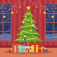 árbol de navidad decorado con adornos y regalos vector