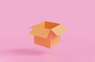 caja vacía sobre fondo rosa. concepto de transporte caja de cartón vacía amarilla abierta. envío, embalaje, caja abierta aislada.representación 3d, ilustración foto