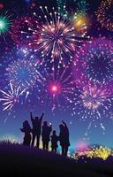 Family Enjoying a New Year Fireworks Festival From The Hill Concept vector