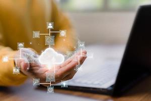 Man working at cloud data icon, cloud computing diagram show on hand. Cloud technology. Data storage. Networking and internet service concept. photo