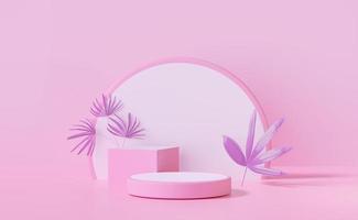 3d pink cylinder stage podium empty with cube, palm leaf, abstract geometric cosmetic showcase pedestal pink background. minimal modern scene, 3d render illustration photo