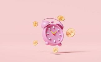 3d cartoon character pink alarm clock wake-up time morning with dollar money coins isolated on pink background. minimal design concept, 3d render illustration photo