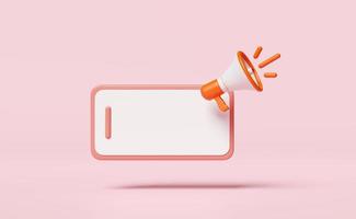 Teléfono móvil 3d, teléfono inteligente naranja con megáfono, altavoz de mano aislado en fondo rosa. concepto de plantilla de compras en línea, ilustración de presentación 3d foto