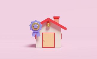 3d red house with winner medal or golden quality guarantee ribbon isolated on pink background. certificate concept, 3d render illustration photo