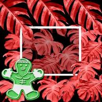 snowflake-shaped and doll with colorful monstera leaves pattern on black background for christmas and new year concept photo