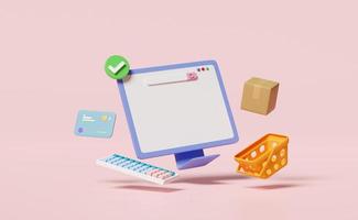 3d computer monitor with shopping cart, goods cardboard box, basket, credit card, check marks isolated on pink background. Online delivery, online shopping, template concept, 3d render illustration photo