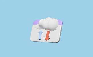 3d cloud folder with arrow isolated on blue background. cloud storage download, upload, data transfering, datacenter connection network, minimal concept, 3d render illustration photo