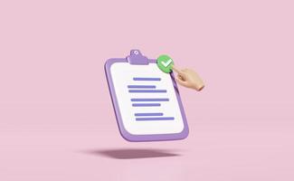 3d purple clipboard white checklist paper icon with hand pointing checkmark isolated on pink background. project plan, business strategy, quality control concept, 3d render illustration photo