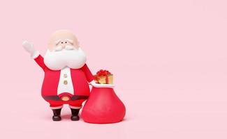 Santa claus with cloth bag gift box  isolated on pink background for website, poster or Happiness cards, Christmas banner, festive New Year, 3d illustration render, clipping path photo