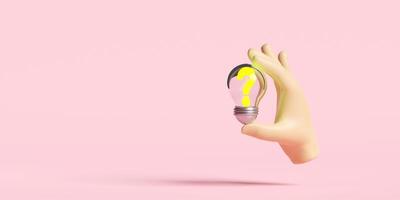 3D Hand holds light bulb transparent with question mark symbol icon isolated on pink background. FAQ, business idea tip concept, minimal abstract, 3d render illustration photo