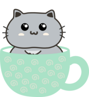 Cat on teacup cartoon character crop-out png